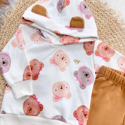 Conj. Blusa com Capuz Ursinhas e Calça de Moletom - Off White e Ferrugem
